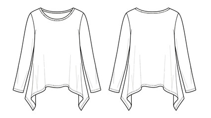 Long-sleeved flared hem t-shirt flat sketch vector illustration of fashion garment