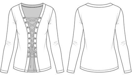 Fashion illustration of a women's long-sleeved lace-up top, front and back view