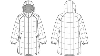 Front and back view of a simple quilted hooded jacket technical drawing on a white background