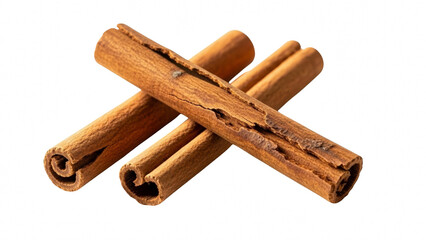 Three rolled cinnamon sticks crossed over each other, isolated on transparent background