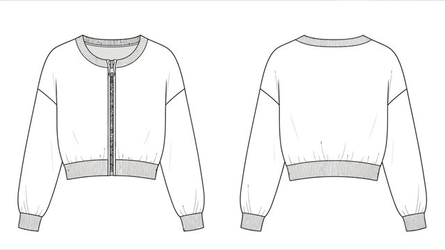 A flat sketch of a cropped bomber jacket with a zipper and elastic cuffs, shown front and back