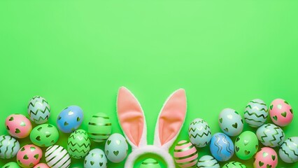  Colorful Easter Eggs and Pink Bunny Ears Border on Green Background with Copy Space