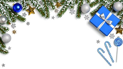  Christmas Border with Blue Gift Box, Candy Canes, and Snowy Pine Branches on White