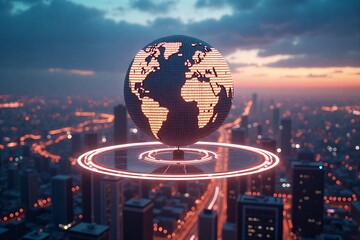 Futuristic globe hologram hovers over glowing cityscape at dusk, blending technology and urban life in a cybernetic dreamscape.