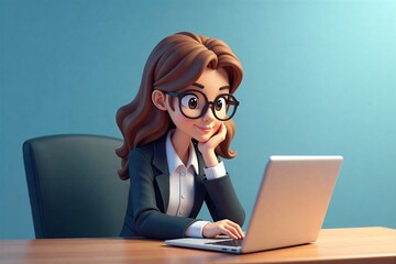Cartoon woman in glasses, smiling while working on laptop at desk against teal background. Professional and cheerful vibe.