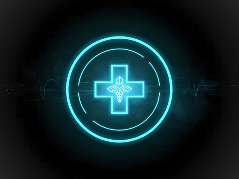 Modern medical icon glowing with vibrant blue light in a dark digital space for health tech, pharmaceutical, and healthcare designs - Powered by Adobe