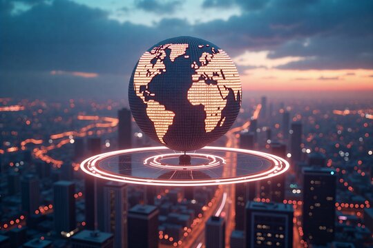 Futuristic globe hologram hovers over glowing cityscape at dusk, blending technology and urban life in a cybernetic dreamscape.