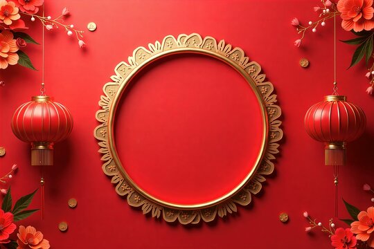 Red background, gold frame, lanterns and flowers. Festive Chinese New Year design. Vibrant colors, elegant decor.