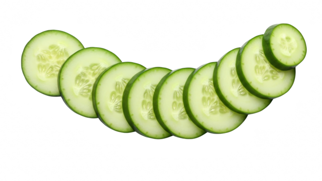 A curved arrangement of fresh, bright green cucumber slices isolated on transparent background for healthy food presentation