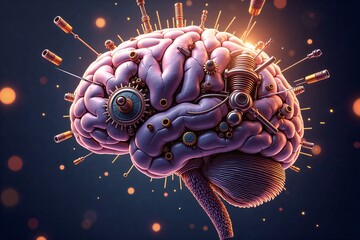 Neural brain fused with mechanical gears and probes, glowing in cosmic space filled with colorful particles.