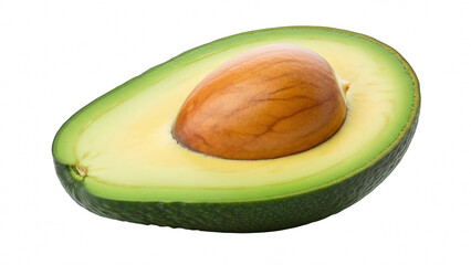 Half of a ripe avocado with the large brown seed visible, isolated on transparent background
