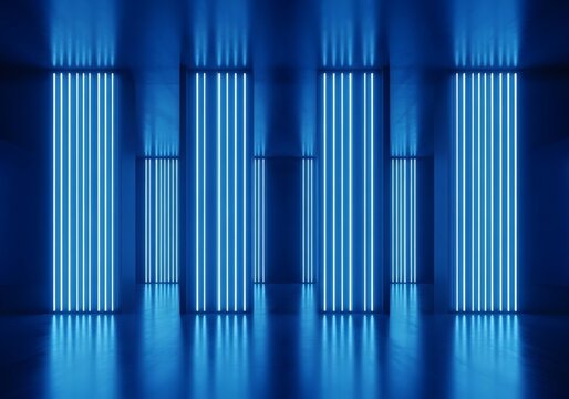 Futuristic empty room with glowing blue neon light columns and a reflective floor creating a modern sci-fi background