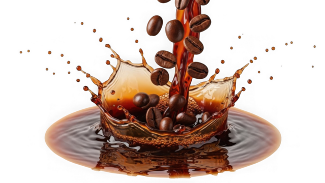 Dynamic Coffee Splash With Falling Beans On Black Background