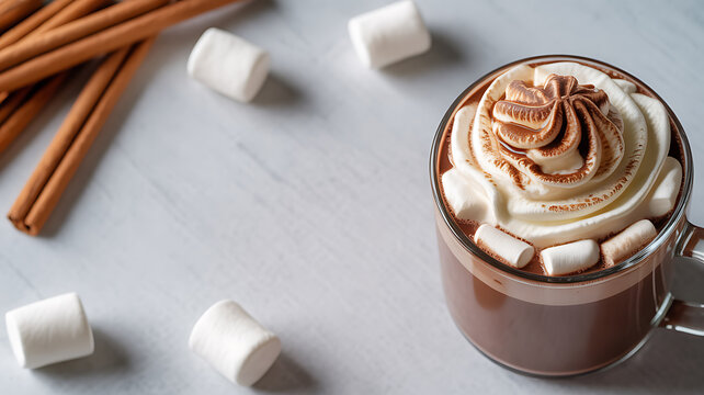 Hot chocolate with whipped cream, marshmallows, and cinnamon sticks on a light surface