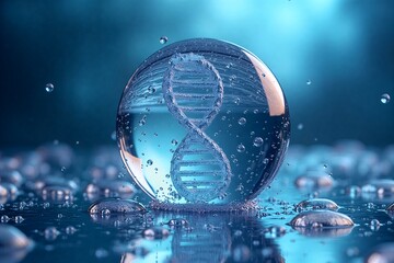 DNA helix floats in clear sphere, bubbles swirl around it. Cool blue tones evoke scientific wonder and molecular precision.