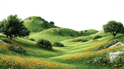 Lush Green Hillside with Trees and Wildflowers