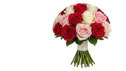 Beautiful bouquet of red, pink, and white roses isolated on transparent background for romantic occasion or celebration