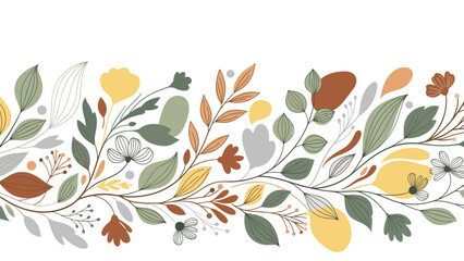 Fototapeta premium Floral border with leaves and flowers in muted earth tones