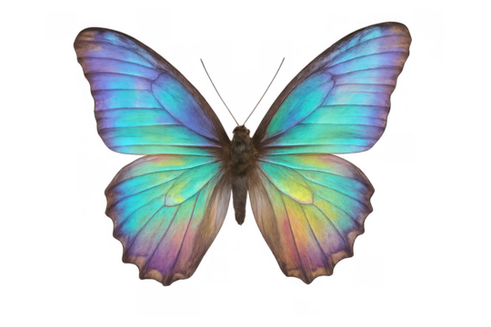 Butterfly spreading iridescent blue, green wings, colorful tropical insect, nature concept, transparent background