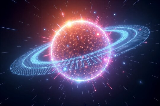Neon cosmic sphere radiates vibrant light beams, glowing rings orbiting in starry voiddigital surreal space fantasy.