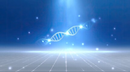 Abstract representation of a DNA double helix illuminated by soft blue light in an ethereal environment with a grid pattern below, symbolizing research and science