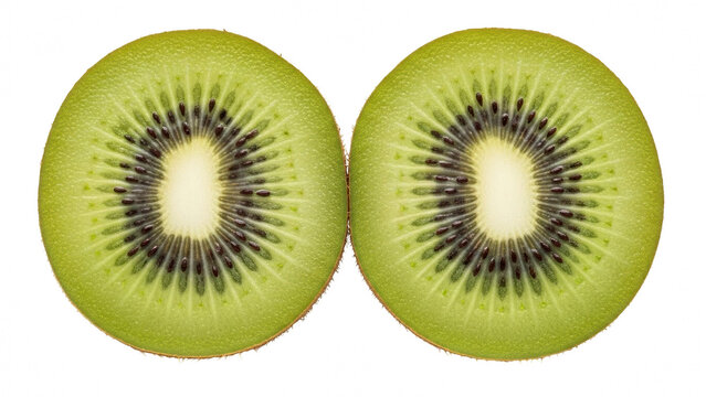 Two slices of fresh green kiwi fruit showing the vibrant flesh and black seeds, isolated on transparent background