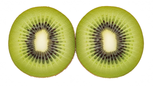 Two slices of fresh green kiwi fruit showing the vibrant flesh and black seeds, isolated on transparent background