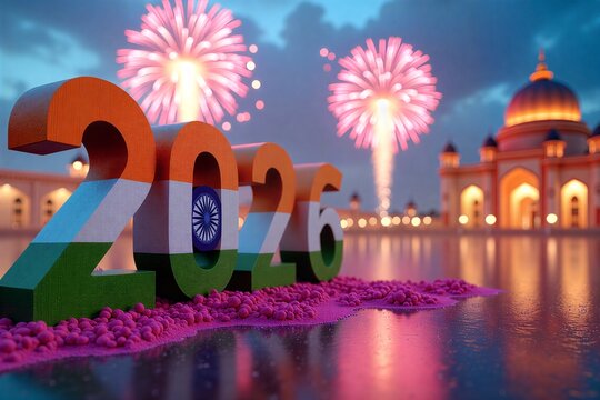 Indian flag-themed "2026" numbers, fireworks display, festive night scene with historic buildings in background.