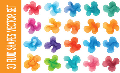 Abstract 3D Fluid Shapes Vector Set: A vibrant collection of abstract, flowing shapes in a variety of colors, perfect for adding a dynamic and artistic touch to any design.