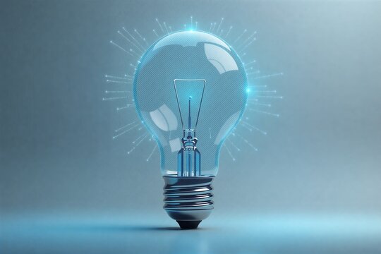 Glowing light bulb emits blue energy sparks, symbolizing innovation and ideas in a futuristic tech-inspired setting. - Powered by Adobe