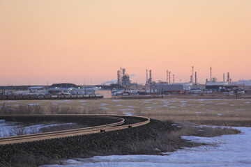 March 21, 2019 sunset in the fog from country to city scenes.