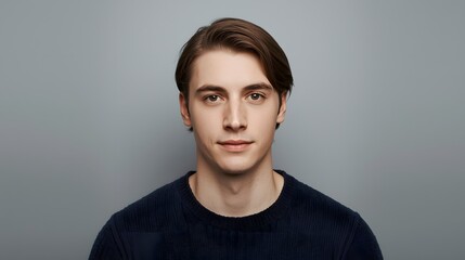 Portrait of young handsome man with natural expression wearing dark sweater on neutral background for lifestyle fashion editorial and profile use