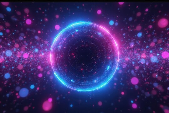 Abstract glowing sphere with vibrant blue and pink particles, futuristic