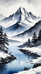 Obraz premium Ink wash style landscape of a quiet lake and mountain range