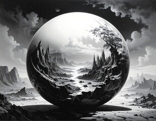 Black and white landscape art inside a sphere, mountains and a tree with a river, a cloudy sky above