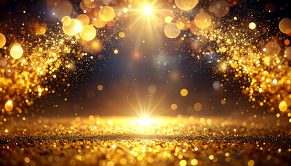 キラキラした黄金の光の粒子が降り注ぐ背景素材　豪華なお祝い