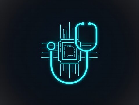 Modern medical technology concept with glowing stethoscope examining a microchip, symbolizing digital healthcare innovation - Powered by Adobe