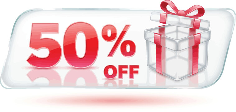 50 percent off sale banner with a gift box promotional discount offer vector illustration for marketing campaigns
