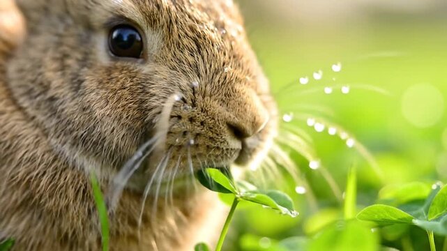 Rabbit eats clover in green grass, close-up on bright spring day