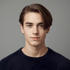 Portrait of young handsome man with natural expression wearing dark sweater on neutral background for lifestyle fashion editorial and profile use