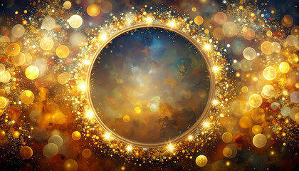 Obraz premium Sparkling golden bokeh circle frame background, Rich or celebration