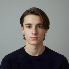 Portrait of young handsome man with natural expression wearing dark sweater on neutral background for lifestyle fashion editorial and profile use