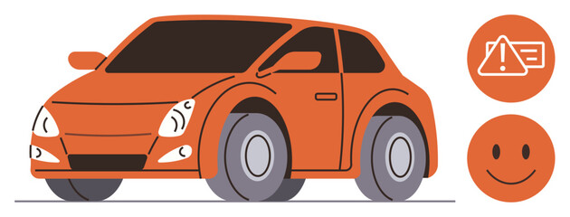 Orange compact car with icons for warning alert and a happy face. Ideal for safety, diagnostics, transportation, car maintenance, automotive technology, driving tips, simple flat metaphor