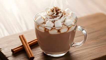 Hot chocolate topped with marshmallows and cream in a cozy mug