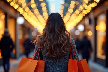 Woman walks through festive street, carrying orange shopping bags under warm string lights. Holiday shoppers in cozy glow.