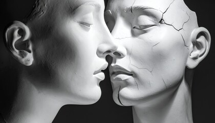 Two white plaster busts facing each other, one with cracks, symbolizing connection and fragility.