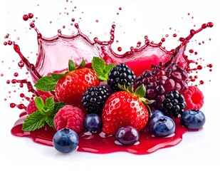 Vibrant Berry Splash - A Dynamic Mix of Fresh Strawberries, Blueberries, Raspberries, and Blackberries with Exploding Juice.