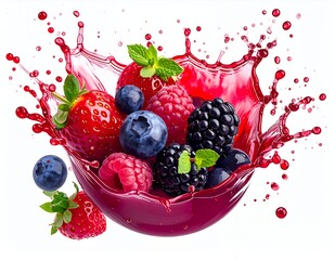 Vibrant Berry Splash - Fresh Strawberries, Blueberries, Raspberries, and Blackberries Bursting with Juice.