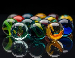 Vibrant Collection of Colorful Glass Marbles Reflecting on a Dark Surface.