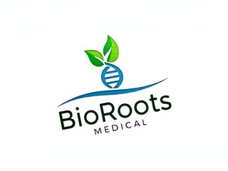 Modern BioRoots Medical logo design featuring DNA strand and fresh green leaves for natural health and wellness solutions